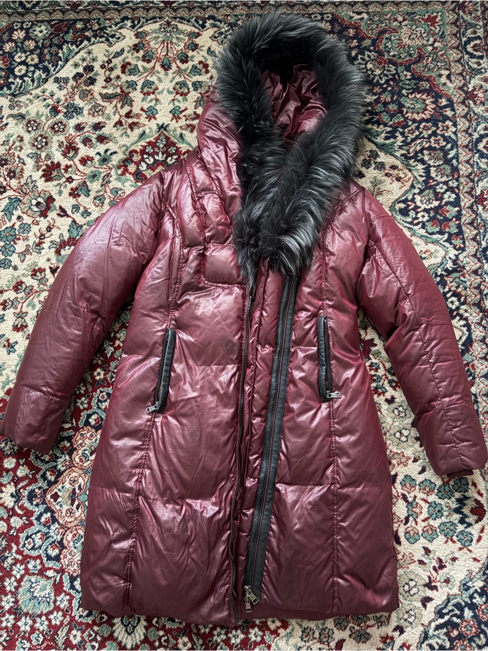 Long Hooded Puffer Coat with Faux Fur Trim in Burgundy